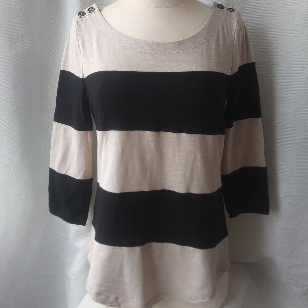 Banana Republic | Oatmeal Black Striped Knit Top Shoulder Buttons | S